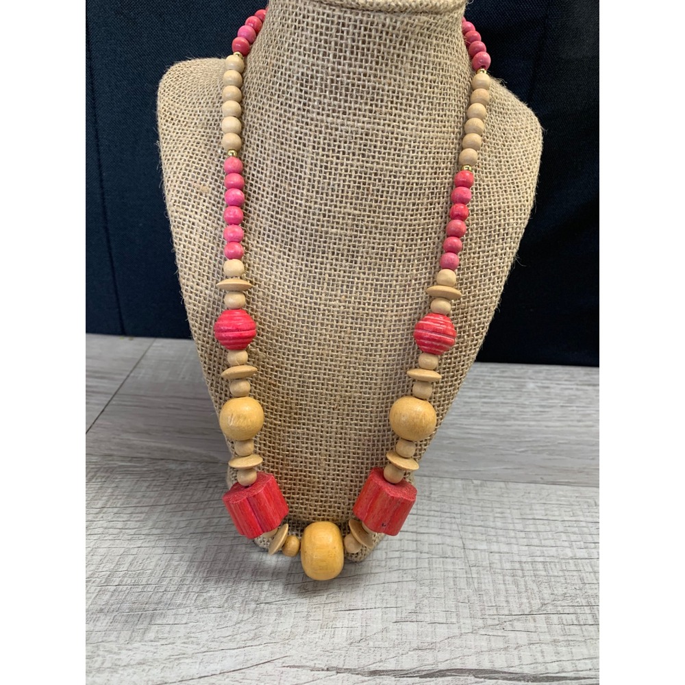 Vintage Chunky Wood Bead Necklace Red Pink Natural Boho Statement 24 Inch